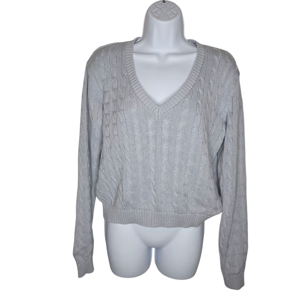 Brandy Melville Brianna One Size V-Neck Cable-Knit Sweater, Light Blue, Cropped